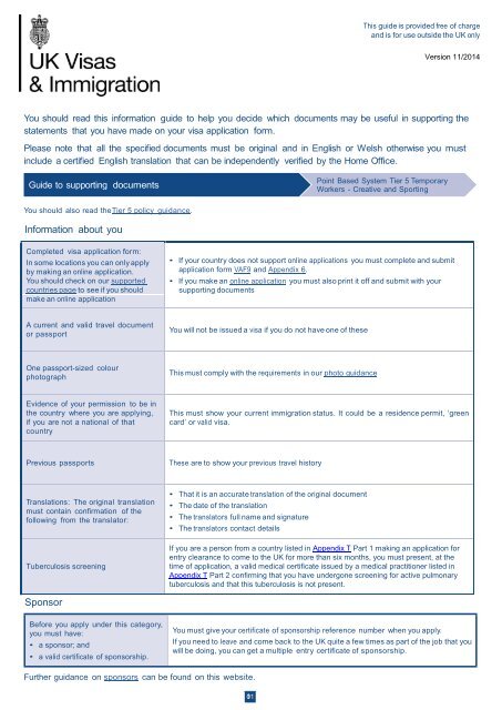 Supporting documents guidance - Tier 5 - UK Border Agency