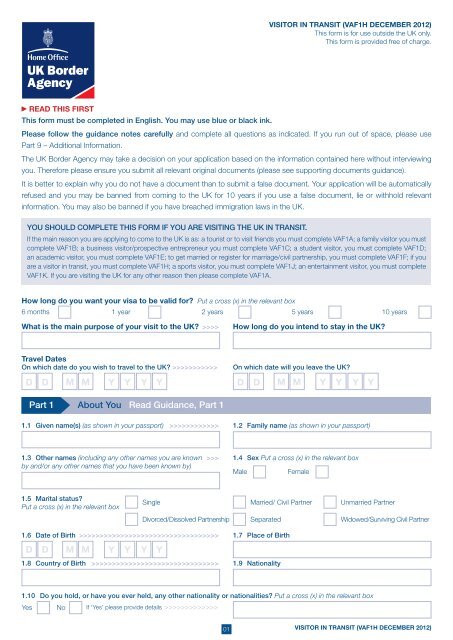 VAF1H application form - visitor in transit - UK Border Agency - the ...