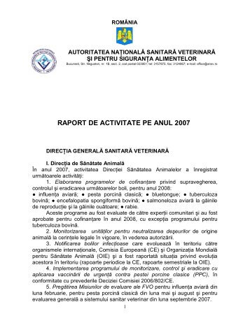 RAPORT DE ACTIVITATE PE ANUL 2007 - ansvsa