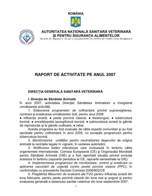 RAPORT DE ACTIVITATE PE ANUL 2007 - ansvsa