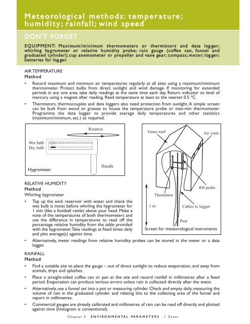 Meteorological methods: temperature; humidity; rainfall; wind speed