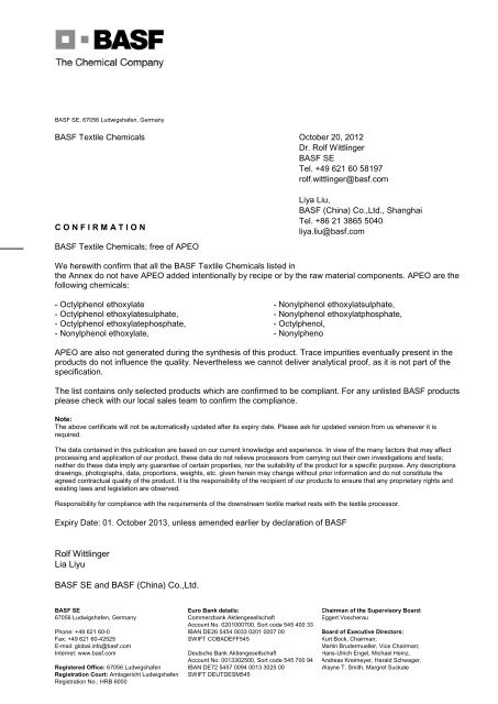 C O N F I R M A T I O N - Performance Chemicals - Basf