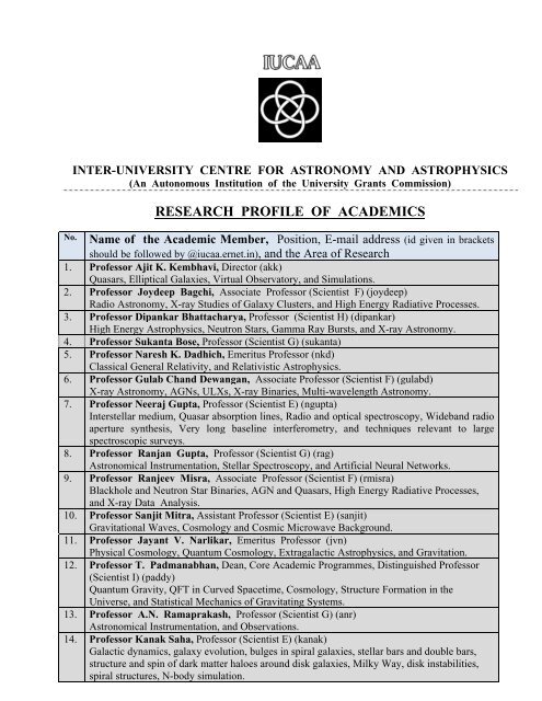 RESEARCH PROFILE OF ACADEMICS - iucaa