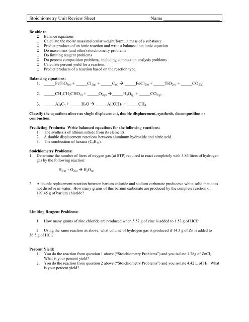 Stoichiometry Unit Review Sheet Name