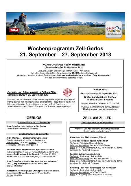 Wochenprogramm Zell und Gerlos - Zillertal Arena