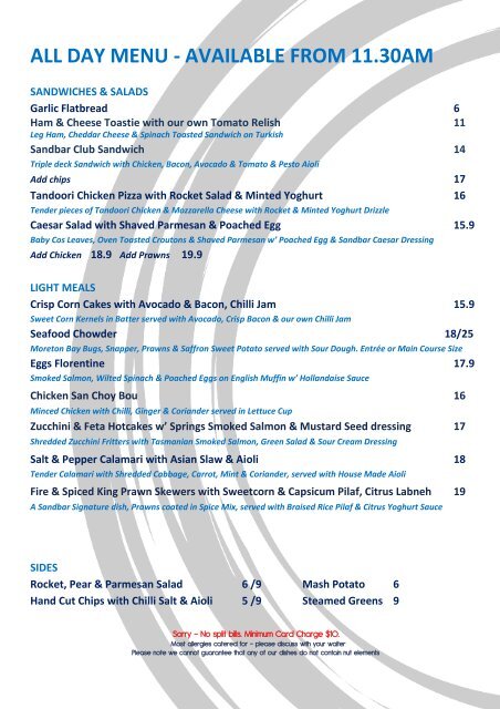 all day menu - available from 11.30am - Sandbar Cafe & Kiosk