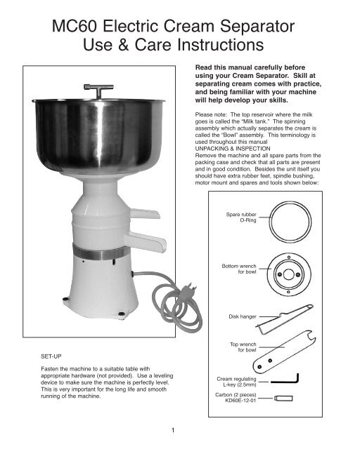 MC60 Electric Cream Separator Use & Care Instructions - Coburn