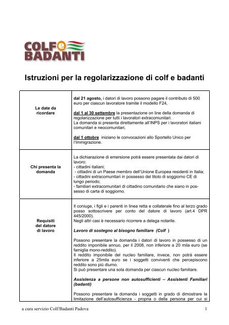 Istruzioni per la regolarizzazione di colf e badanti - Cisl