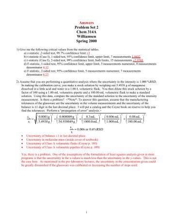 Answers Problem Set 2 Chem 314A Williamsen Spring 2000