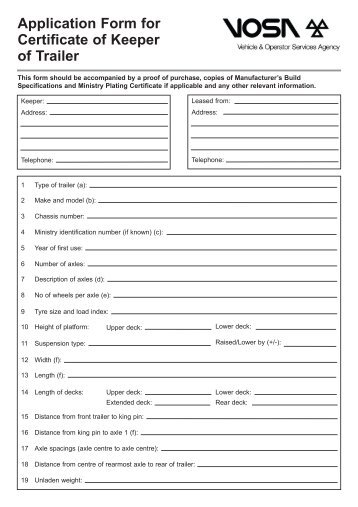 Application Form for Certificate of Keeper of Trailer