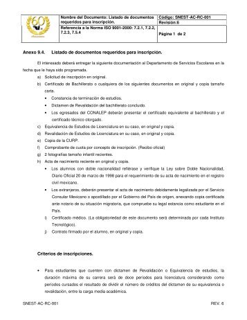 SNEST-AC-RC-001 LISTADO DE DOCUMENTOS REQUERIDOS ...