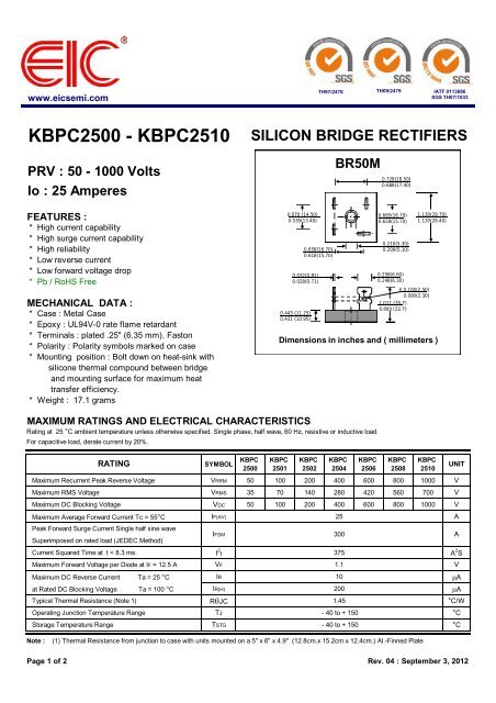 KBPC2500 - KBPC2510 : SILICON BRIDGE RECTIFIERS - PRV - EIC