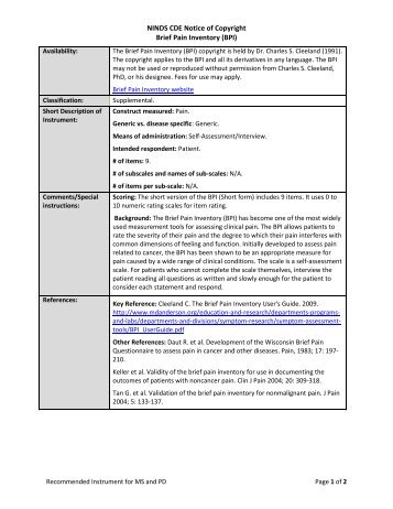 Brief Pain Inventory - NINDS Common Data Elements