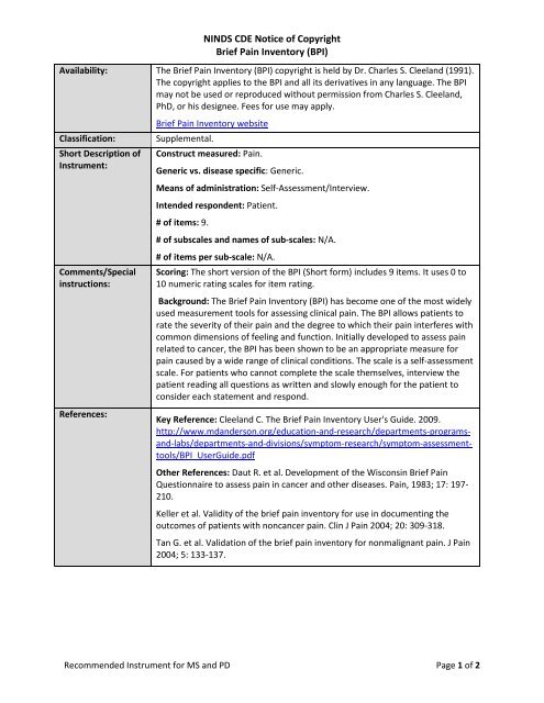 Brief Pain Inventory - NINDS Common Data Elements