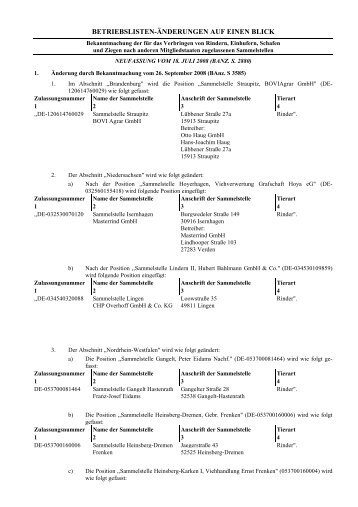 Änderungen Sammelstellen D - VetLex