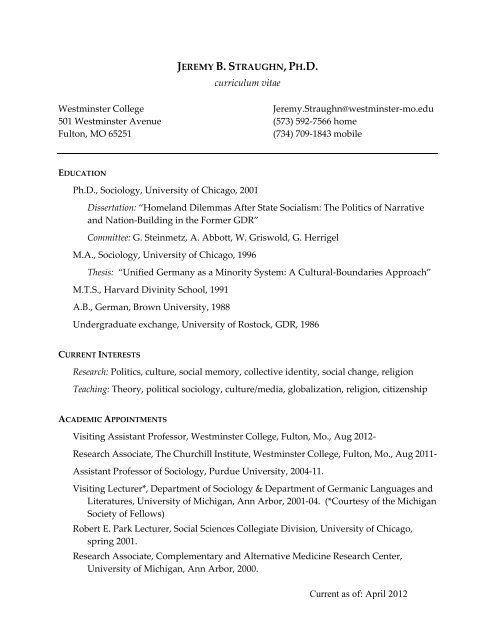 View Dr. Straughn's Resume - Westminster College