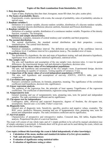 Exam topics for the oral examination - biostatistics (1st semester)