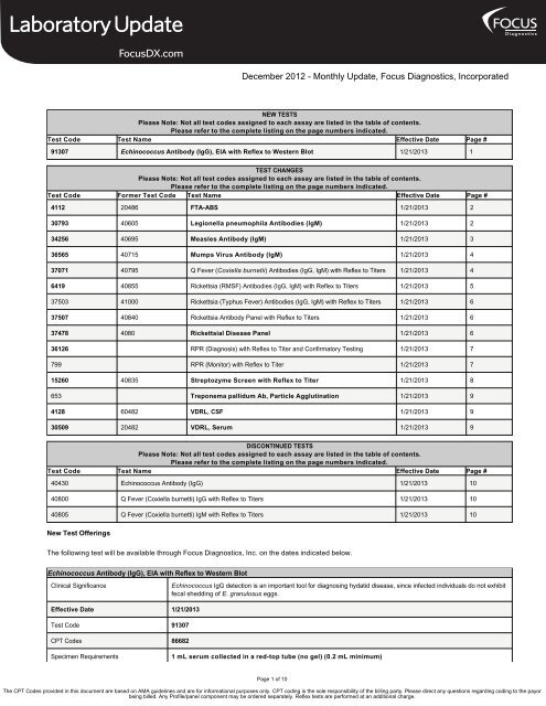 December 2012 - Monthly Update, Focus Diagnostics, Incorporated December 2012 - Monthly Update, Focus Diagnostics, Incorporated