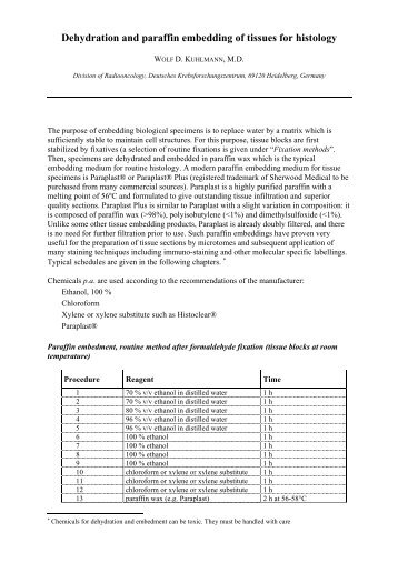 Dehydration and paraffin embedding of tissues for histology