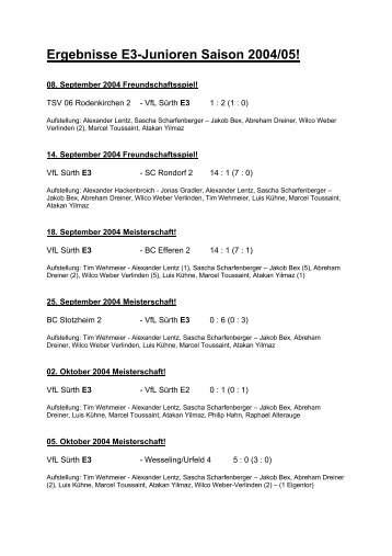 Ergebnisse E3-Junioren Saison 2004/05 - VfL Sürth