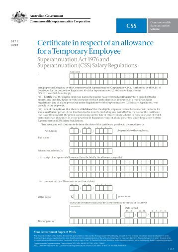 Certificate in respect of an allowance for a Temporary Employee - CSS