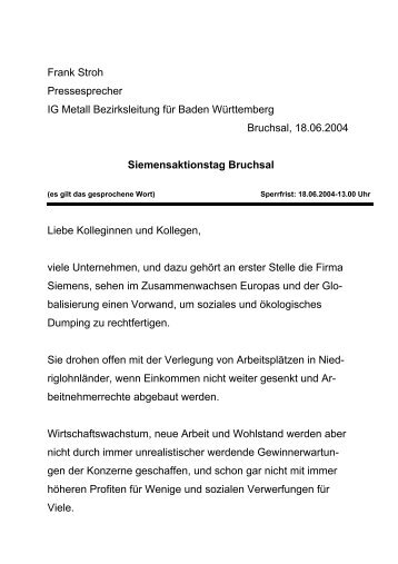 Rede Frank Stroh Bezirksleitung Stuttgart - IG Metall Bruchsal