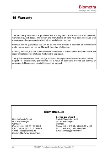 Model PS3003 High Voltage Power Supply Instruction ... - Biometra