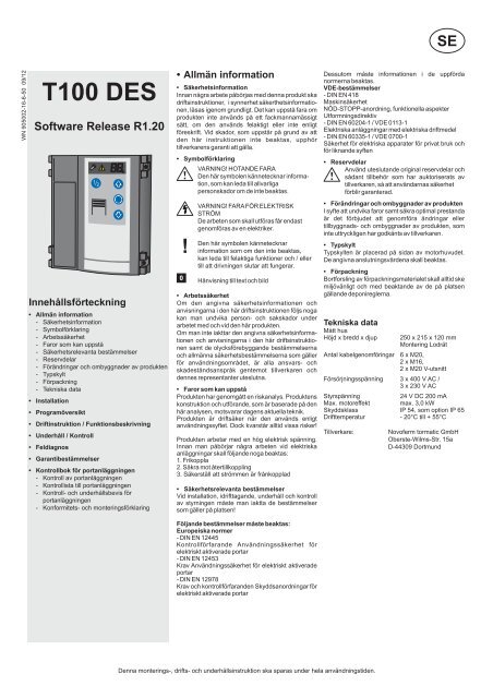 T100 Manual installation, drift och kontrollbok - Novoferm