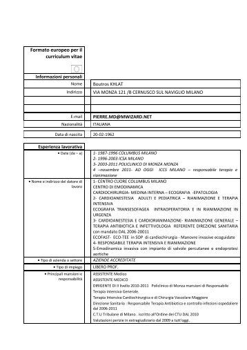 Formato europeo per il curriculum vitae - Istituto Clinico CittÃ  Studi ...