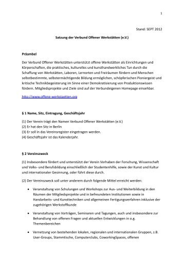 Stand: SEPT 2012 Satzung der Verbund Offener WerkstÃ¤tten (e.V. ...