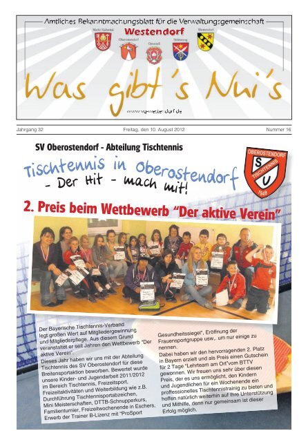 Abteilung Tischtennis 2. Preis beim Wettbewerb - VG-Westendorf