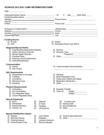 CAMP ACHIEVA/ DAY CAMP INFORMATION FORM