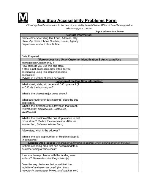 Bus Stop Accessibility Problems Form Wmata Com