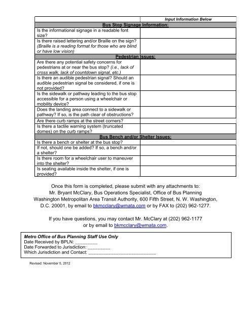 Bus Stop Accessibility Problems Form - WMATA.com