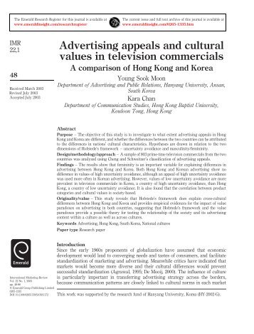 Advertising appeals and cultural values in television commercials