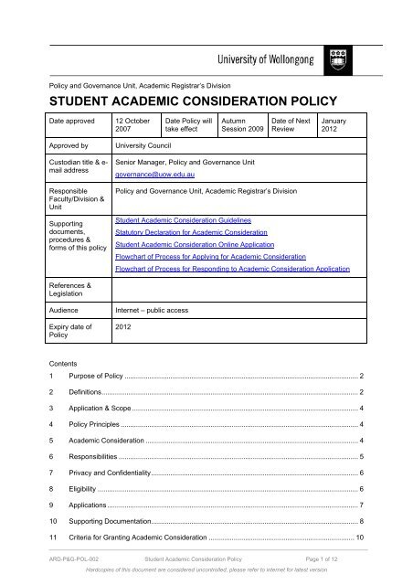 Student Academic Consideration Policy - University of Wollongong