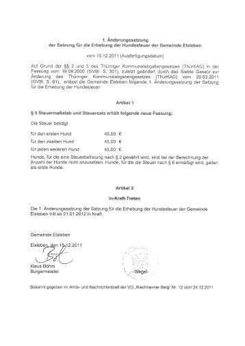 Satzung für Erhebung der Hundesteuer vom ... - VG Riechheimer Berg