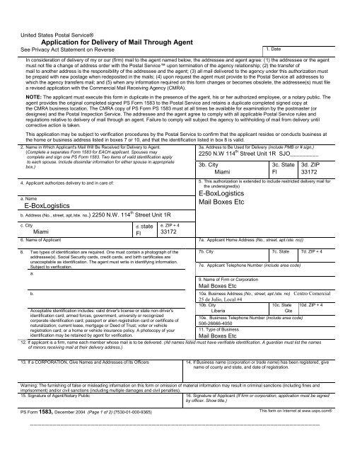 United States Postal Service Form 1583 Mail Boxes Etc Liberia