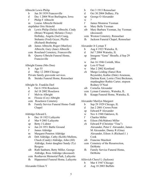 Area Obituaries 2002 - 2004 (.pdf) - Jasper County, Indiana