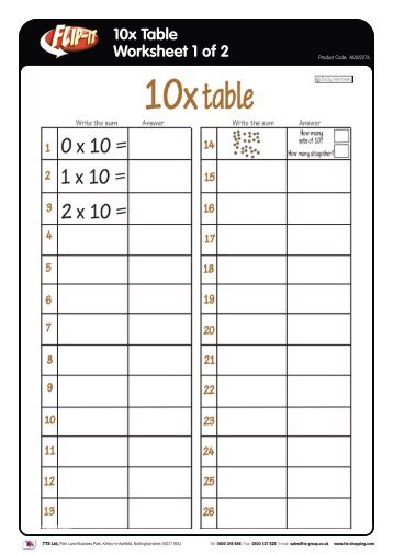 10x Table Worksheet 1 of 2 - TTS