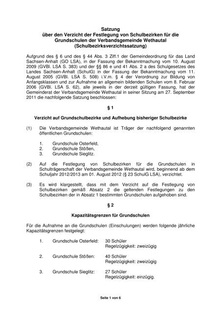 Satzung über den Verzicht der Festlegung von Schulbezirken für die ...
