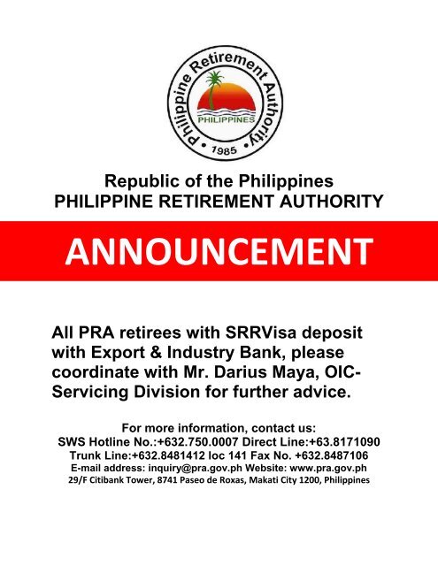 ANNOUNCEMENT - Philippine Retirement Authority