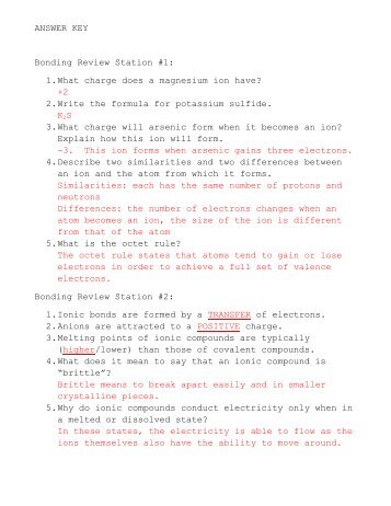 ANSWER KEY Bonding Review Station #1: 1. What charge does a ...