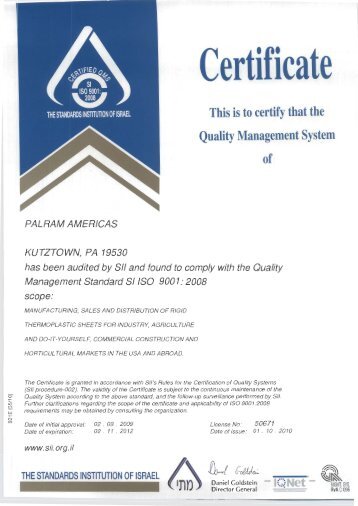 ISO 9001:2008 Certificate - Palram Americas
