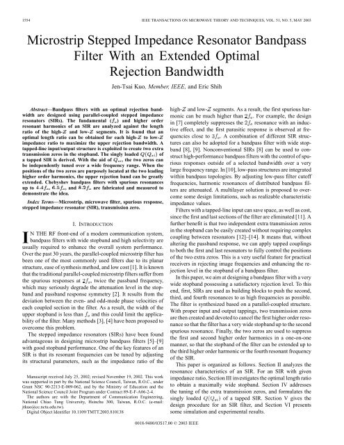 Microstrip stepped impedance resonator bandpass ... - IEEE Xplore