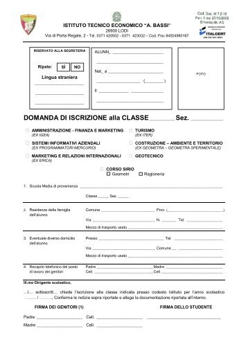 Modulo iscrizione Istituto Tecnico Commerciale Bassi Lodi