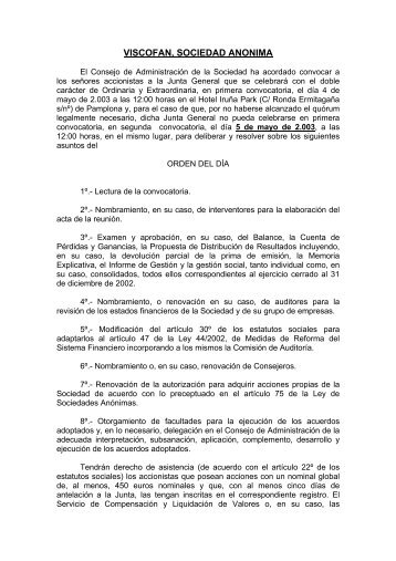 Convocatoria Junta General accionistas aÃ±o 2003 - Viscofan