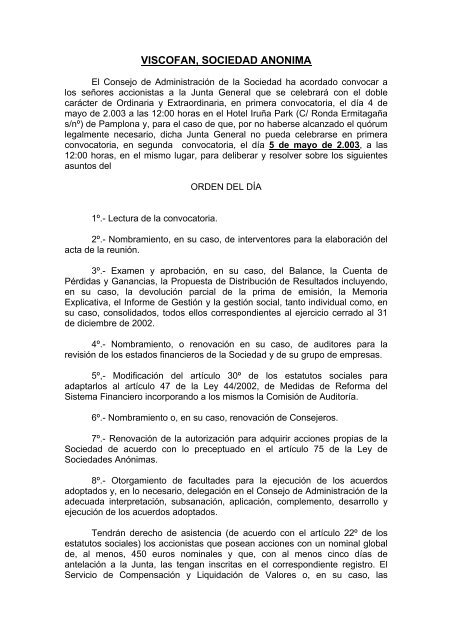 Convocatoria Junta General accionistas aÃ±o 2003 - Viscofan