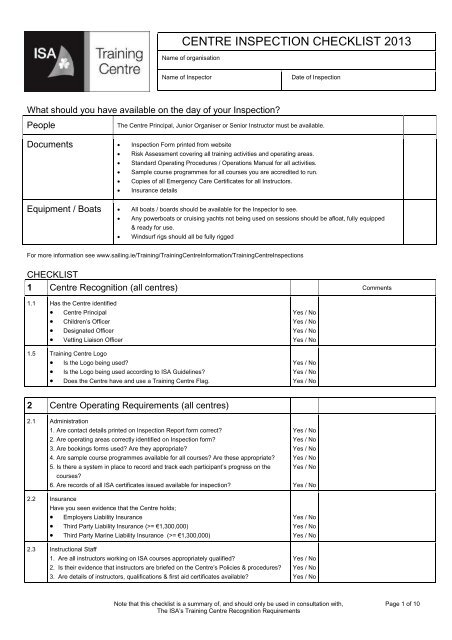 CENTRE INSPECTION CHECKLIST 2013