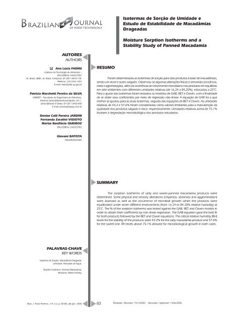 Isotermas de SorÃ§Ã£o de Umidade e Estudo de Estabilidade de ...